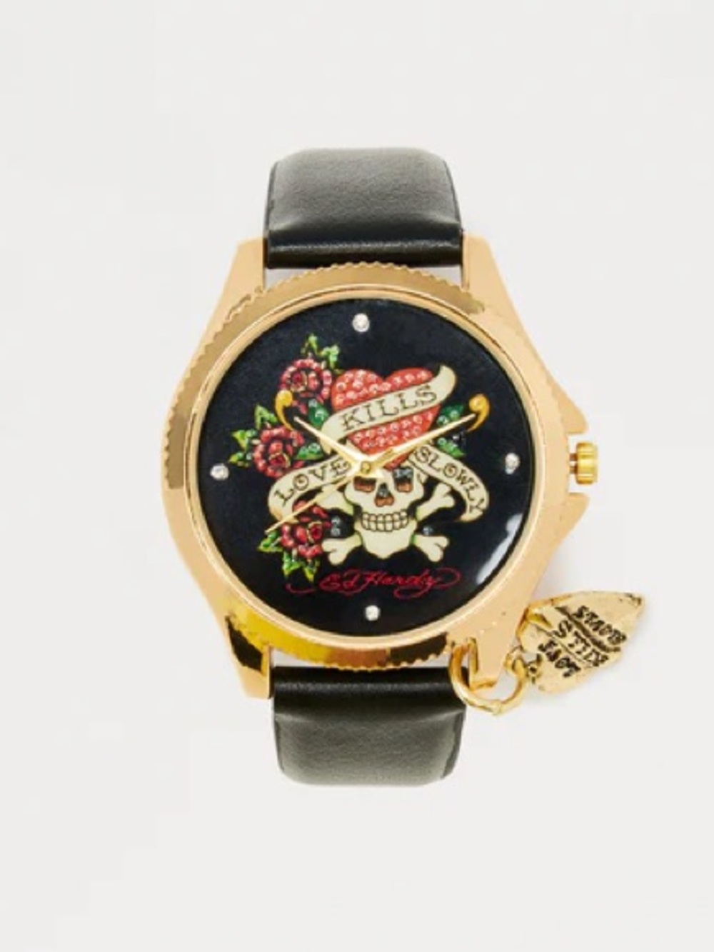 •Skull & Roses• Ed Hardy Gold Tone Black Leather Strap Y2K Tattoo Style Watch